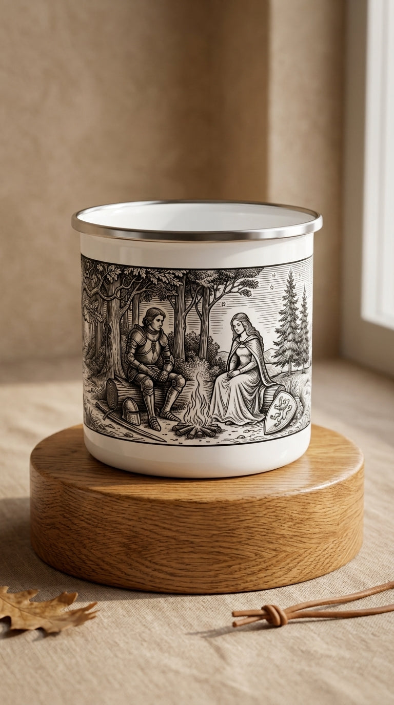A Fire Between Us— Vintage Knight & Maiden Forest Scene Camper Cup
