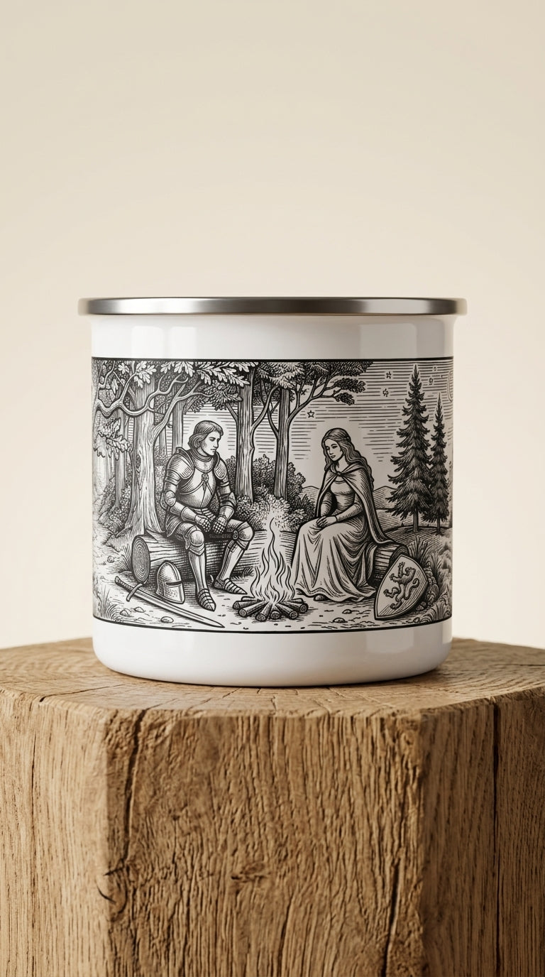 A Fire Between Us— Vintage Knight & Maiden Forest Scene Camper Cup