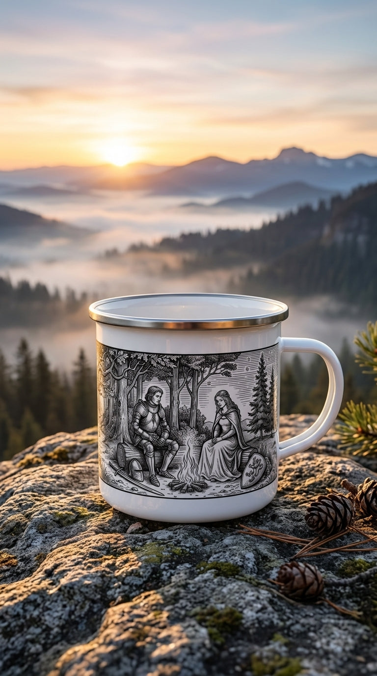 A Fire Between Us— Vintage Knight & Maiden Forest Scene Camper Cup