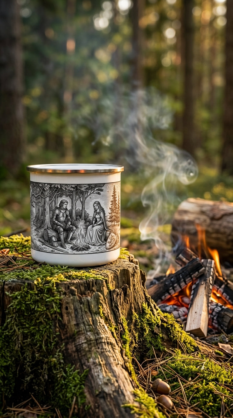 A Fire Between Us— Vintage Knight & Maiden Forest Scene Camper Cup
