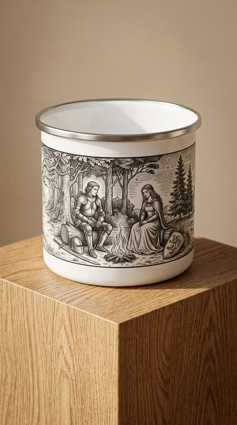 A Fire Between Us— Vintage Knight & Maiden Forest Scene Camper Cup