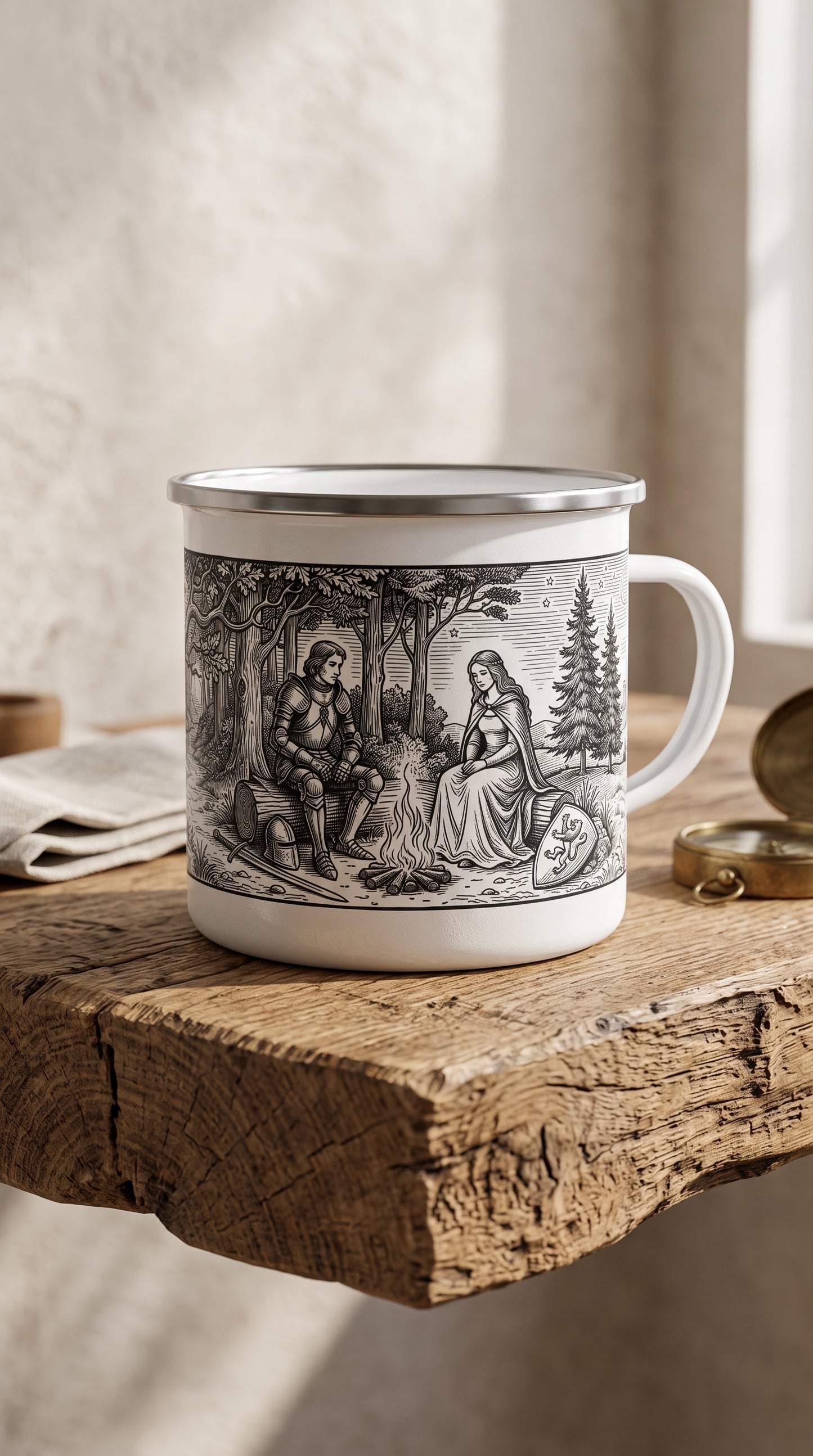 A Fire Between Us— Vintage Knight & Maiden Forest Scene Camper Cup